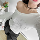 Letters Hot Diamond Collars With Long-Sleeved T-Shirts For Women's Folds Slimy Hottie Tops