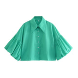 Women's Clothing Spring 2025 New Loose Casual Striped Lantern Sleeve Short Shirt Lady Top