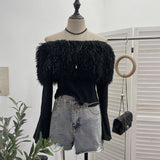 Sexy Wind Shoulder Hair Knitted Shirt Girl Short To Make Old Broken Long-Sleeved T-Shirt Top 2988