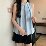 Korean Sleeveless Hanging Neck Shirt Women's Spring New Fashion Collar Design Feel Folded Blue Top Tide