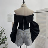 Vintage Shoulder Camouflage Long Sleeve Splicing Rope Tie With Waist Shirt Folded Top 2767