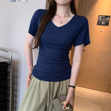 Simple V-Neck Slime Short-Sleeved T-Shirt For Women 2025 Spring And Summer New Ins Shoulder Black Casual Thin Top