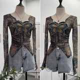 Real Shooting Pure Sexful V-Neck Umbilly T-Shirt Female Hairy Denim Butterfly Embroidered Mesh Yarn Long Sleeve Top 9996
