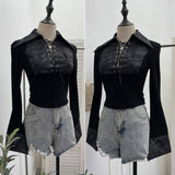 Real Shoot Babes Camouflage Splicing Polo Collar Shirt With Hollow Design Sense Short Long-Sleeved Top 1360