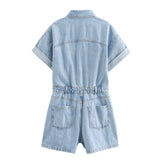 2025 Summer New Women's Wear Collar Short Sleeve Pocket Dress Denim Short Jumpsuit 4979036