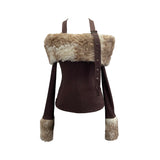 Dizzling Dyeing Collar Splicing Composite Thin Velvet Hanging Neck Shoulder Long Sleeve Top Short Slim T-Shirt 1391