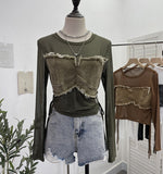 Vintage Spice Girls Stomee Net Yarn Sexy Perspective Drawstring Long-Sleeved T-Shirt Top 2630