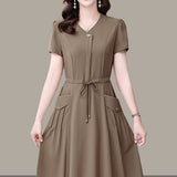 Middle-Middle-Age Women 2026 Summer New Gas Dress Short-Sleeved Temperament Pure Mother Dress Tie With Thin Waist