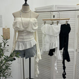 The Ballet Style Shoulder Fold Texture Texture Coat Irregularly Ribbon Horn Sleeve Short Shirt 1158