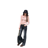 Korean Gentle Sweet Pink V-Neck Long-Sleeved Knitted Women 2025 Autumn New Repair In A Small Top