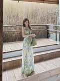 Monet Garden Wind Green Sling Dress Female Summer Temperament Lotus Leaf Side Holiday Dress Seaside Beach Dress