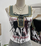 Real Shooting Hottie Hairy Denim Spliced Printed Vest With Bows Short Sleeveless Top 8926