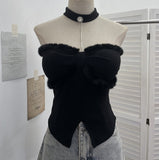 Real Shooting Christmas Birthday Red Hanging Neck Hair With Chest Pads Bra Vest Open Fork Short Coat 9318