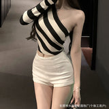 Design-Sensitive Black And White Striped Long-Sleeved T-Shirt For Women's Autumn Short-Num Empathic Slanted-Shouldered Hottie Top