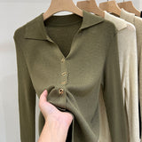 Designing A Small-Sized Collar Long-Sleeved Knitted Shirt Women 2026 Spring And Autumn Pure Color Shirt Bottom Sweater