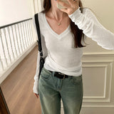 V-Neck Long-Sleeved Knitted Shirt Woman 2025 Early Autumn New Design Sense Slimming Slimming Bottom Top