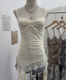 Real Shooting Thrombial Rivet Sling Skirt Design Lotus Side Ribbon Ribbon Vest Dye Net Yarn Sleeveless Top Lady 1275