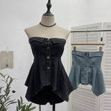 Real Shooting Thai Hottie Irregularly Under The Water Wash Denim Breast Vest Short Single-Breastless Sleeveless Top 2652