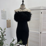 Real Shooting Hottie Shoulder Hair Spliced Deer Skin Velvet Tector Tan Dress Folded Ass And Hip Skirt 8878