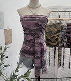 Real Shot Y2k With Chest Pads With Chest Pads To Wear Chest Vest Irregular Belt Strap Short Tie-Dye Letter Print Top 9270