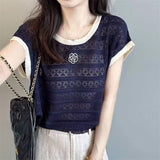 New Crash-Colf Hollow Lace Small Flying Sleeve Top Knitted Shirt Thin Short-Sleeved Women's Summer