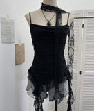 Real-Shooting Lace Splicing Irregular Lotus Leaf Edge Ribbon Sling Vest Round Neck Sexy Sleeveless Top 1218