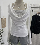 Fake Two-Piece Squint Hanging Neck Tie Long Sleeves Jersey Hottie Tops Body Folded T-Shirt 2829