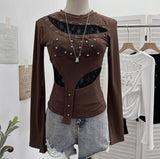 Punk Vintage Hottie Long-Sleeved T-Shirt Girl Autumn Lace Rivet Design Sense Thin Top 1358