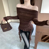 One-Word Shoulder Mesh Long Sleeve Sunscreen T-Shirt Girl Autumn Body-Repair Ribbon Irregular Sweet Hot Girl Tight Short Top