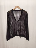 Loose Hollow Knitted Shirt Design Long-Sleeved Top Women Spring Summer New Open Fork Hooded Shirt Niche Blouse Tide