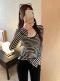Spice Girls Big V-Neck Pure Wanted Button Striped Thin Autumn New Long-Sleeved Shirt T-Shirt Girl