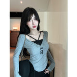 Pure Hot Girl Sexy Hanging Neck Top Girl Autumn And Winter Holiday Two Long-Sleeved T-Shirt High-End Lace Bottom Shirt