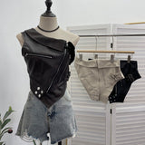 Slap Song Suit Hottie Buckle Irregular Zipper Slanted Shoulder Pu Coat Short Leather Vest Woman 2779
