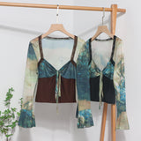 2025 Spring Dress French Court Style Lace Lace Spliced Printed Horn Long-Sleeved T-Shirt 82236