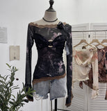 Real Shooting Lace Splicing Oblique Shoulder Thin Tie-Dye Mesh T-Shirt Girl T-Shirt T-Shirt Shawl T-Shirt 9986