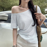 This Year's Popular Beautiful Temperament Shoulder Wide Collar Short-Sleeved T-Shirt Women's Summer 2025 New Blouse
