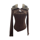 Real Shot Hair Splicing Tie With Fake Two Long-Sleeved T-Shirt Blouse Irregularly Short-Hitting Shirt23009