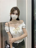 One-Word Shoulder Knitted T-Shirt Women's Short-Sleeved Summer French Bow Irregularly Repaired Waist Short-Scared Shawl