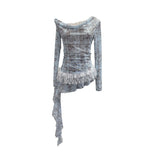 Real Shooting Mesh Collar Splicing Lace Two Long-Sleeved Coat Leaves Edge Ribbon T-Shirt Woman 1323