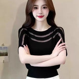 2026 Summer New Design Round Neck Net Yarn Splicing Short-Sleeved T-Shirt Women's Large Size Loose Thin Blouse