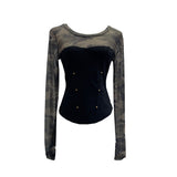 Small Personality Camouflage Mesh Spliced Long-Sleeved T-Shirt Short Repair Cloth Woman 8107
