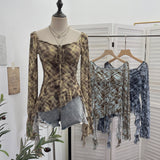 Real Shot Long-Sleeved T-Shirt With Thoracic Horns With Irregular Lotus Leaf Edge Drifting Belt 8038