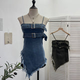 Real Shoot Water Wash Old Fur Side Cowboy Bra Sleeveless Top Irregular Short Babes Sling Vest 2625