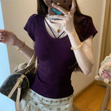 Gentle Korean Wind V-Neck Short-Sleeved Knitted Shirt 2026 Summer New Slim Slime Blouse