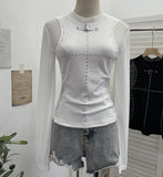 Black Hot Diamond Mesh Spliced Long-Sleeved Top Female Feeling Hot Girl Perspective Body Bottoming Shirt T-Shirt 8951