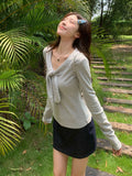 Korean Design Lace Shawl Striped Long-Sleeved T-Shirt For Autumn Unique Beautiful Miu-Bottomed Top
