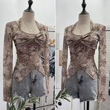 Single Special To The Net Yarn Design Sense Hanging Neck Top Cross Folded Repair Short T-Shirt 1178