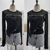 Po Point Mesh Splicing Irregular Raging Denim Long-Sleeved T-Shirt Short Slim Top 2617