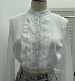 Short-Term Umbilled Flower Long-Sleeved Shirt Spliced Lace Lotus Side Single Row Buckle Chiffon Shirt 23810