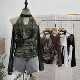 Vintage Hottie Hanging Neck A Word Shoulder Collar Long Sleeve Mesh Yarn T-Shirt 1331